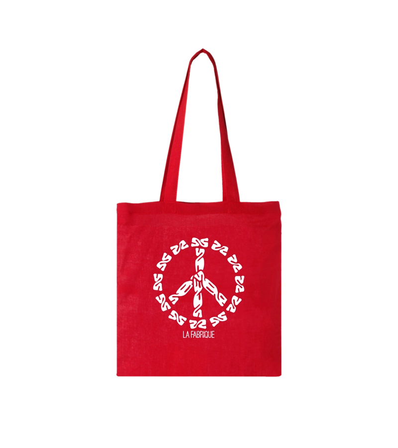 Sac en coton marqué de twists en forme de peace and love et du logo La Fabrique