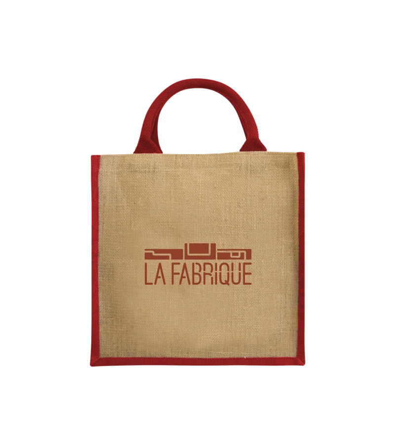 Sac en jute rouge marqué du logo La Fabrique
